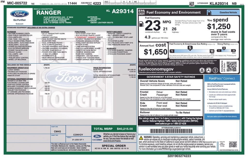 2019 Ford Ranger LARIAT 2WD SuperCrew 5' Box