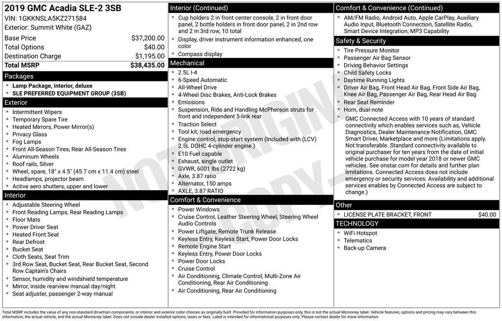 2019 GMC Acadia AWD 4dr SLE w/SLE-2