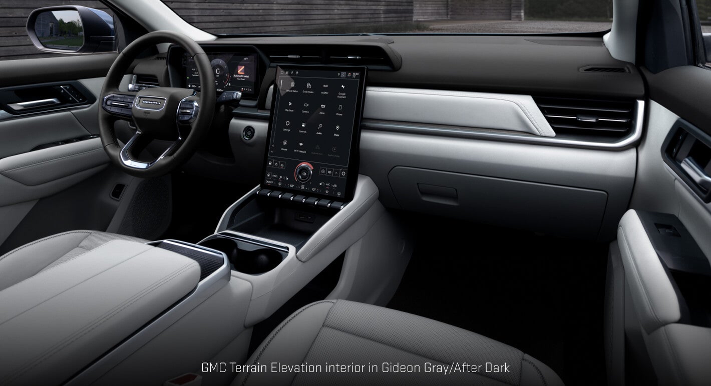 GMC Terrain Elevation in Gideon Gray / After Dark showcasing its 15-inch vertical infotainment screen.