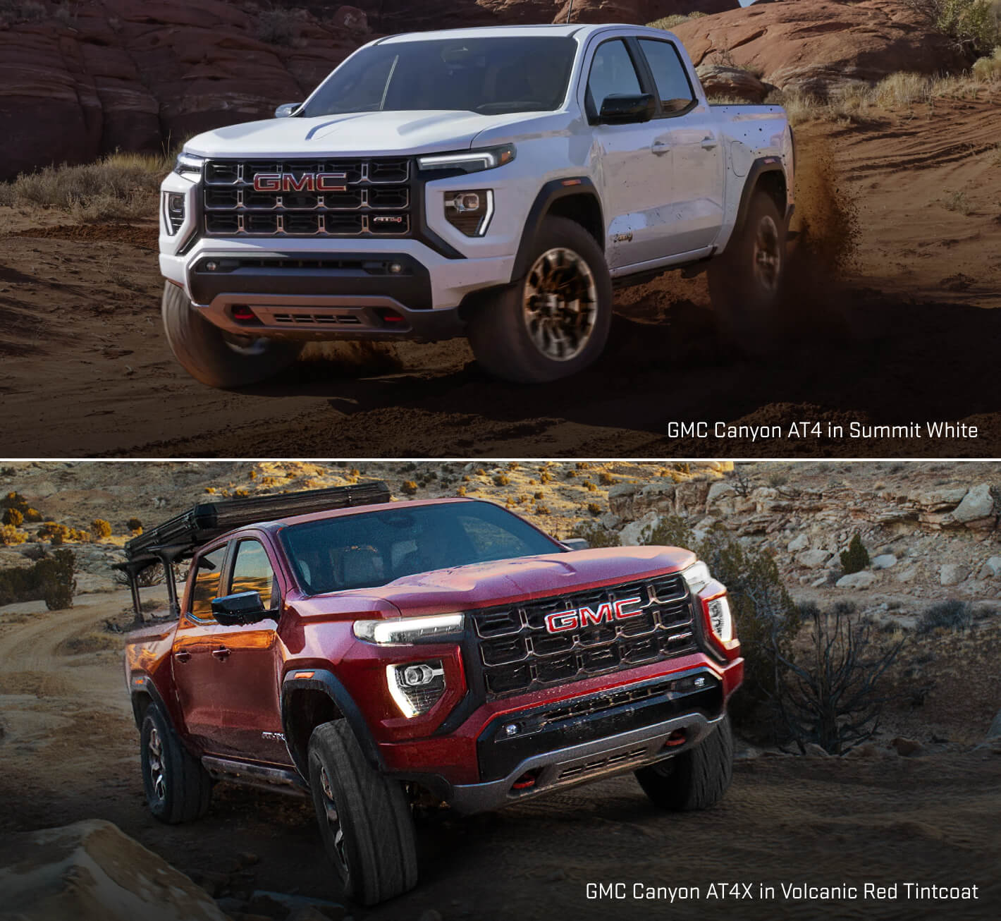GMC Canyon AT4 exterior in Summit White showing a front three-quarters view kicking up sand in a desert canyon environment.
